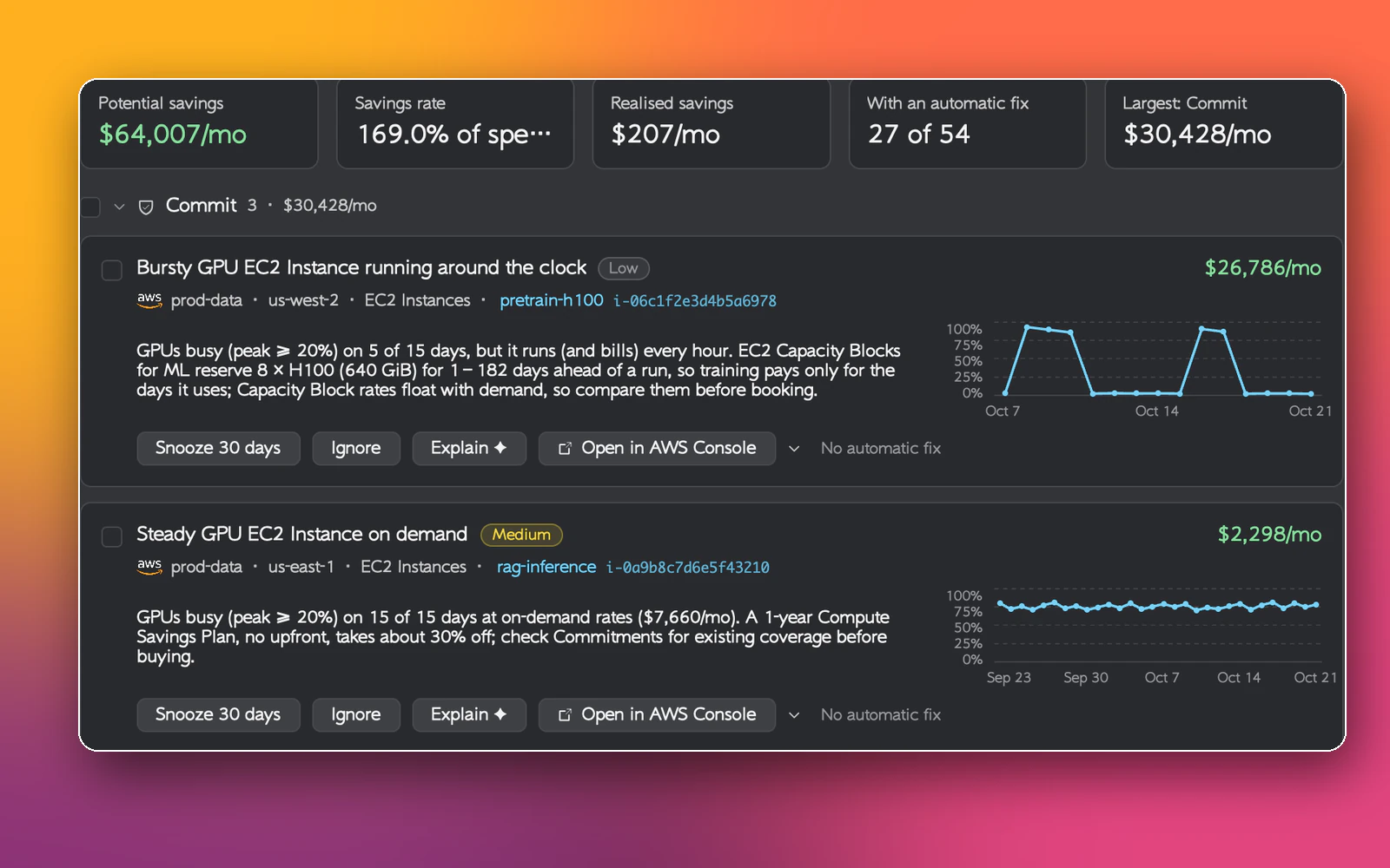 Cost recommendations with potential savings, a bursty GPU instance and a steady GPU instance, each with a usage chart and monthly saving (demo data)