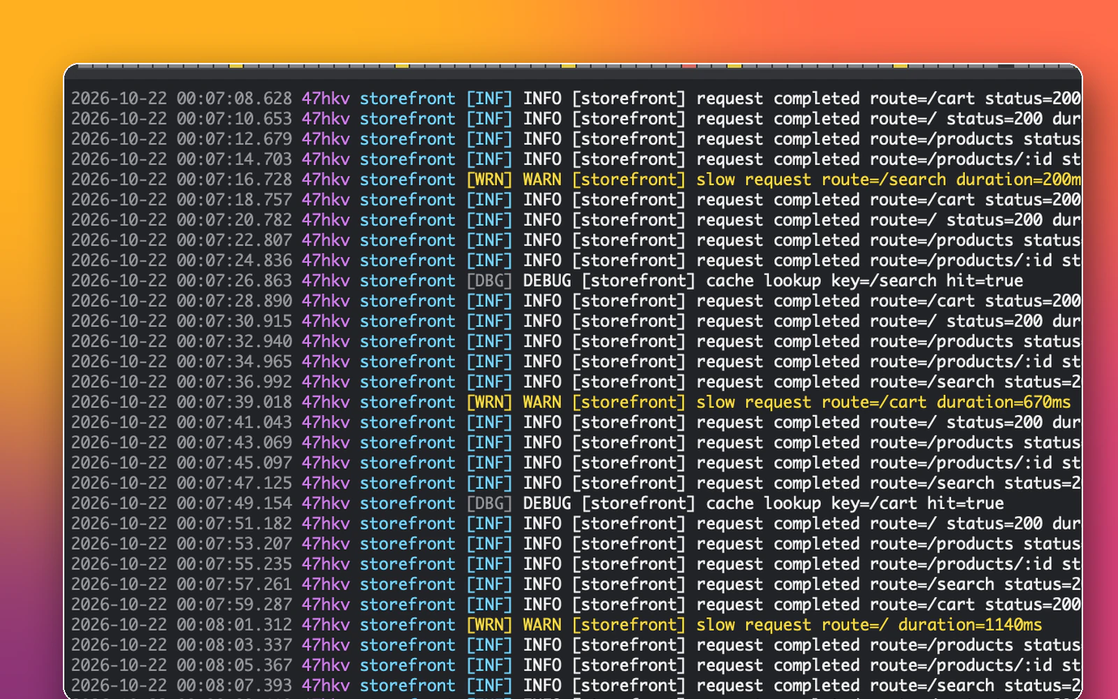 Streaming log viewer with timestamps, pod and container names, and INFO, WARN and DEBUG lines in different colours