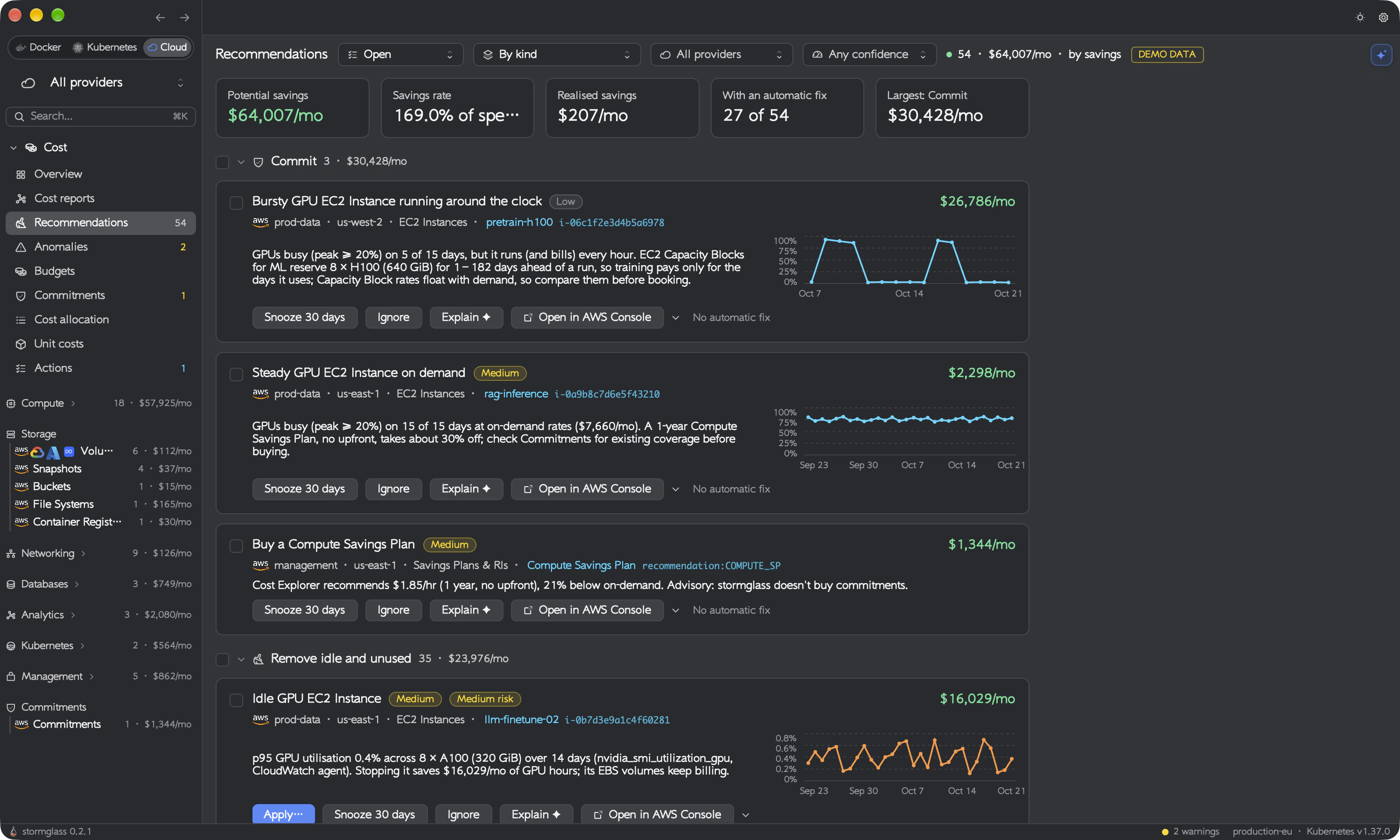 Cost recommendations with confidence, the metric behind each finding, and Apply, Ignore and Explain buttons (demo data)