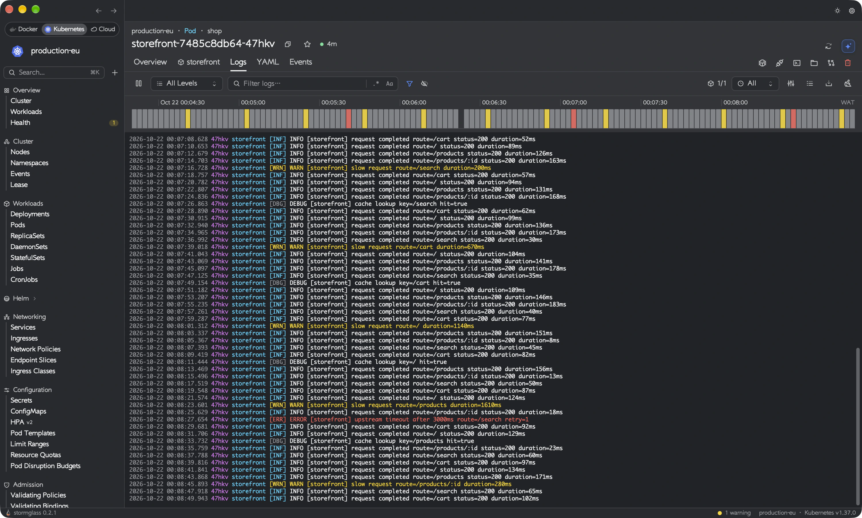 Pod log viewer with level picker, filter, time range and download buttons